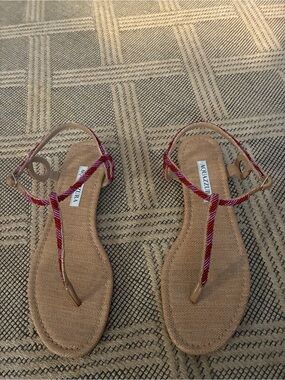 Aquazzura Barely There Red and Pink Braided T-Strap Sandals